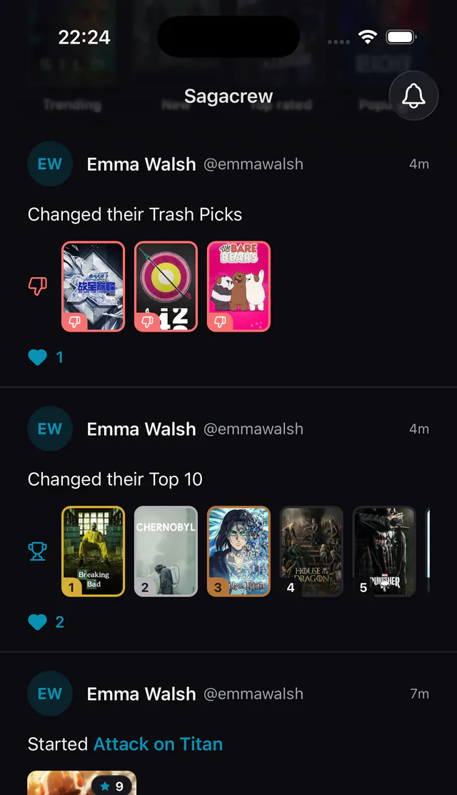 The Feed: a friend's new Trash Shows and Top 10 Shows, with the likes they got.