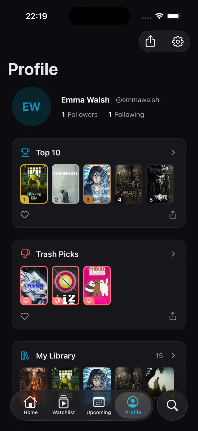 A profile: the Top 10 Shows with its podium, the Trash Shows, and the Library.