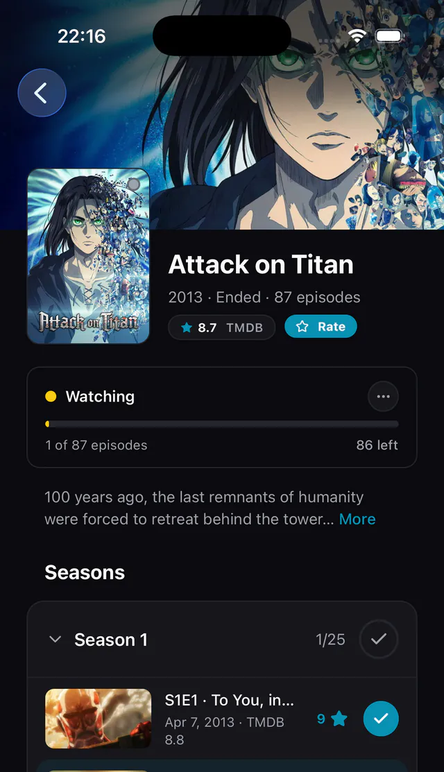 A show's page: its rating, your progress, and every episode of season 1 with its rating.