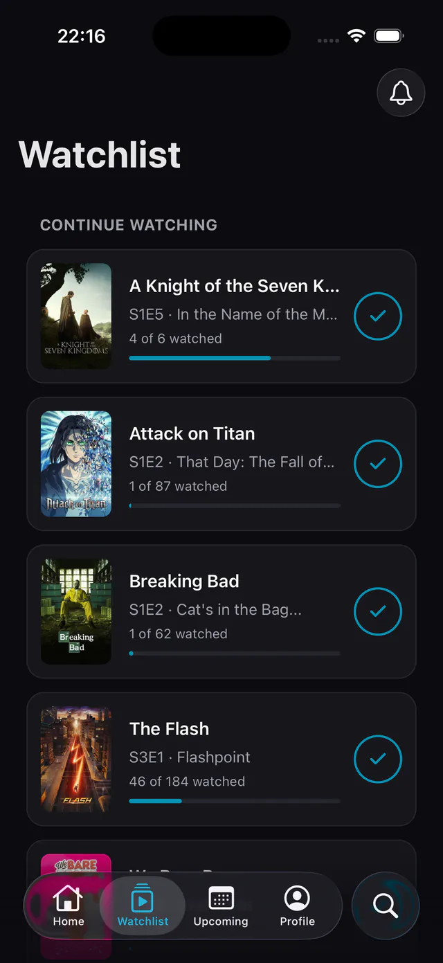 The Watchlist: each show's next episode and progress, with a check to mark it watched.